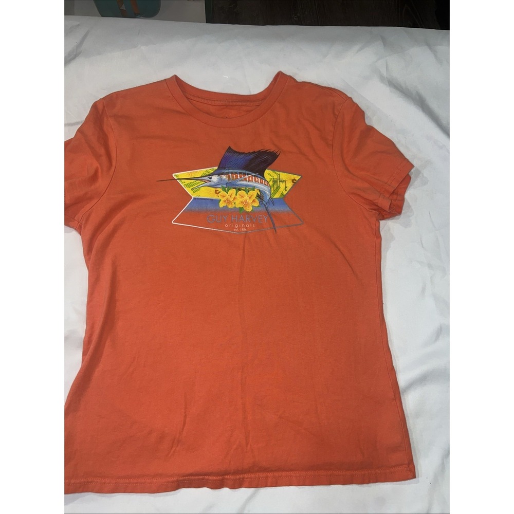 Guy Harvey Ladies Island Marlin Large Fishing Boat T-Shirt Peach So Pretty 256